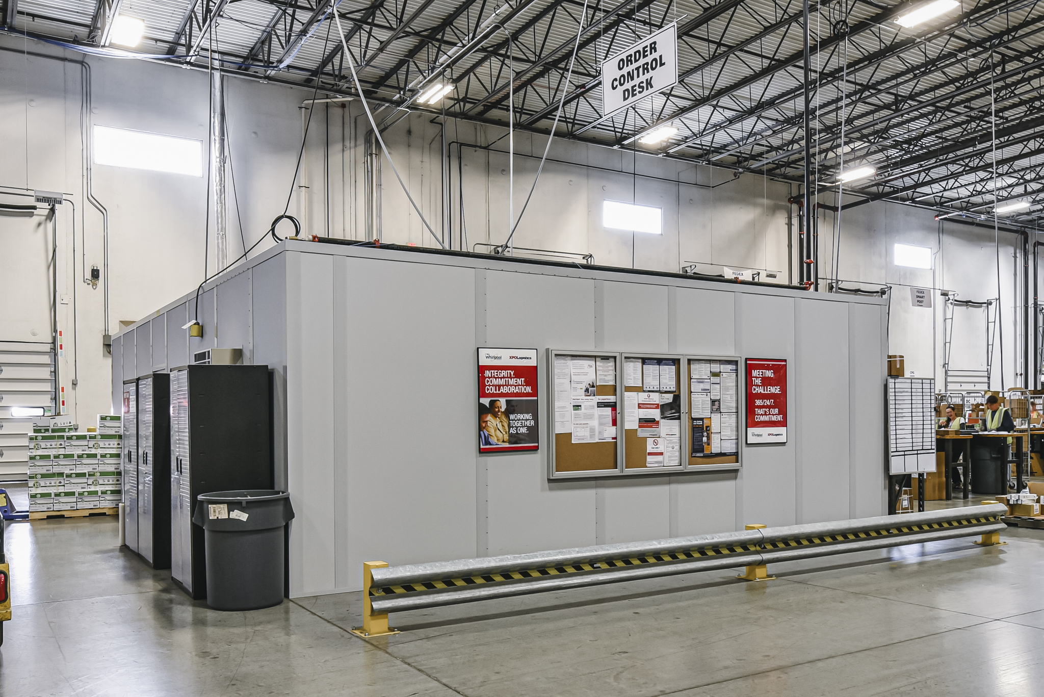 Indoor modular warehouse office with guard rails